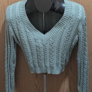 Crop Cable Knit V-Neck Sweater - Sage Green